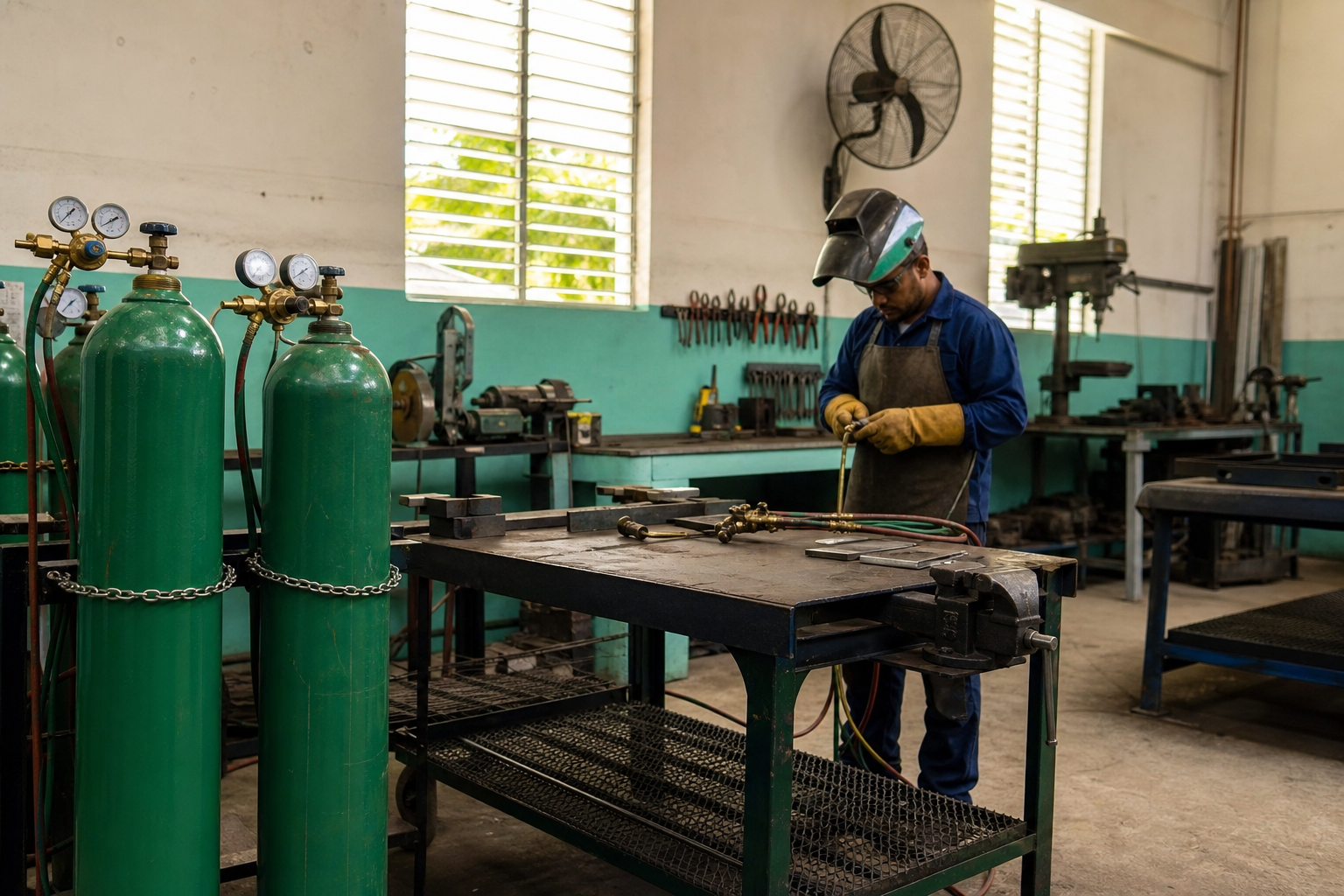 Taller organizado con cilindros de oxigeno industrial